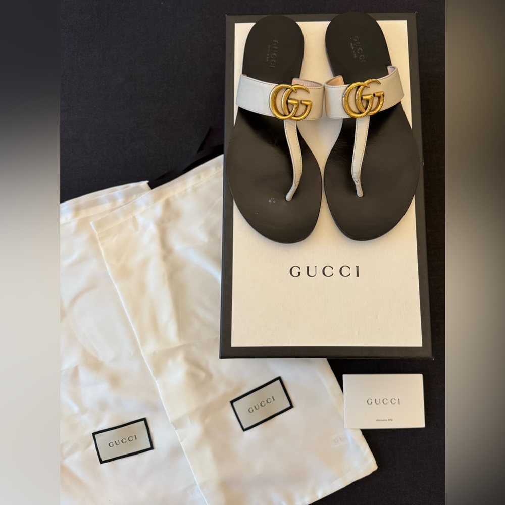 Gucci Women’s Marmont Thong GG Sandal - White Leather - Size 37 US 7